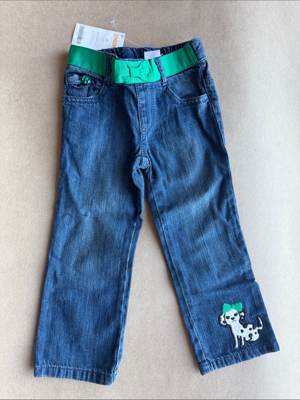 NWT 100% Cotton Gymboree Blue Denim Jeans with Green Bow Waist and Puppy Patch